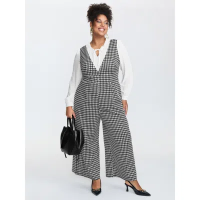 Bloomchic Women's Plus Size 2-in-1 Houndstooth Wide-leg Jumpsuit Black Elegant 22-24/3x