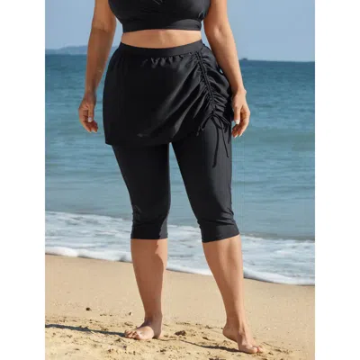 Bloomchic Women's Plus Size 2-in-1 Knotted Pockets Swim Bottoms Black Non Capri Drawstring Fully Elasticated W