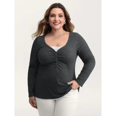 Bloomchic Women's Plus Size 2-in-1 Lace Patchwork Ruched T-shirt Darkgray Non Elegant Sleeveless 10/m In Gray