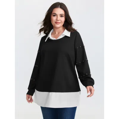 Bloomchic Women's Plus Size 2-in-1 Layered Contrast Collar Sweatshirt Black Casual 18-20/2x