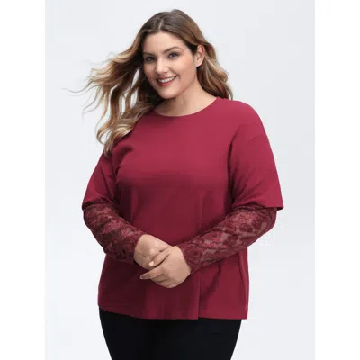 Bloomchic Women's Plus Size 2-in-1 Layered Sheer Lace Sleeve T-shirt Scarlet Non Casual Long Sleeve 12/l In Red
