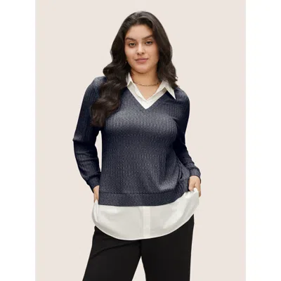 Bloomchic Women's Plus Size 2-in-1 Patchwork Shirt Collar Sweatshirt Indigo Plain Office 12/l In Purple