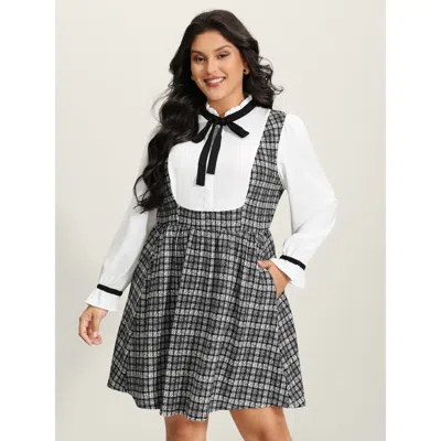 Bloomchic Women's Plus Size 2-in-1 Plaid Pattern Spliced Midi Dress Whitesmoke Non Short Office Tie Knot 12/l