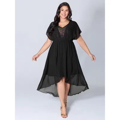 Bloomchic Women's Plus Size 2-in-1 Sheer Sparkly Wrap Maxi Dress Black Non Maxi Party Overlapping 10/m