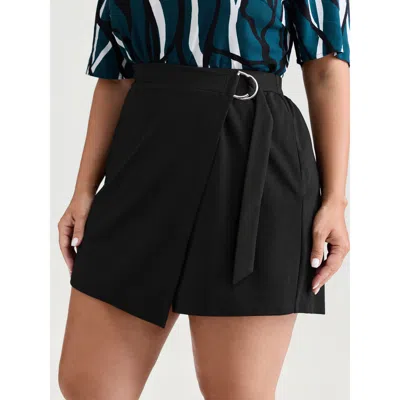 Bloomchic Women's Plus Size 2-in-1 Side Buckle Wide-leg Shorts Black Office A-line Gathered Shorts 22-24/3x