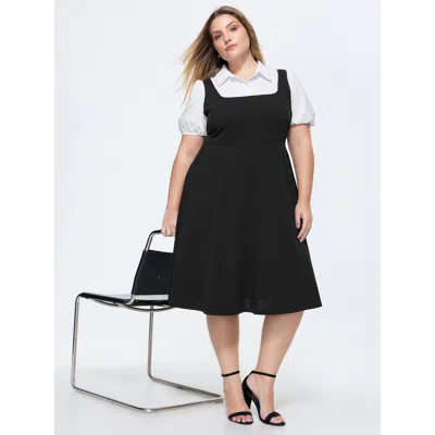 Bloomchic Women's Plus Size 2-in-1 Square Neckline Sculpted Fit Flared Mini Dress Black Solid Knee Length Offi