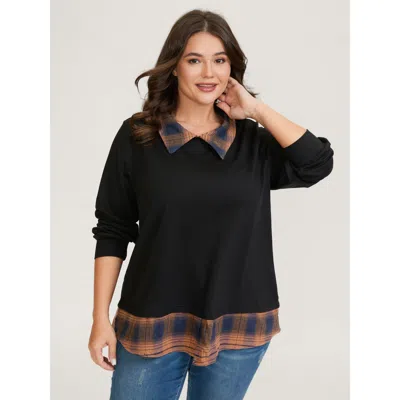 Bloomchic Women's Plus Size 2-in-1 Stretchy Checkered Print Sweatshirt Black Casual 10/m