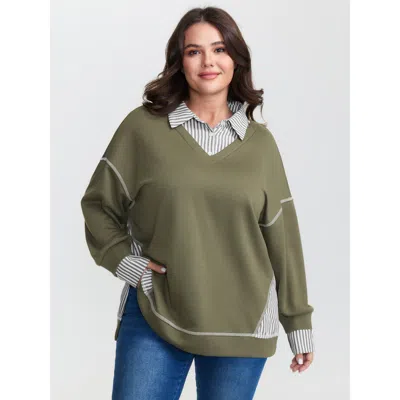 Bloomchic Women's Plus Size 2-in-1 Stripe Drop Shoulder Sweatshirt Sage Casual 10/m In Green