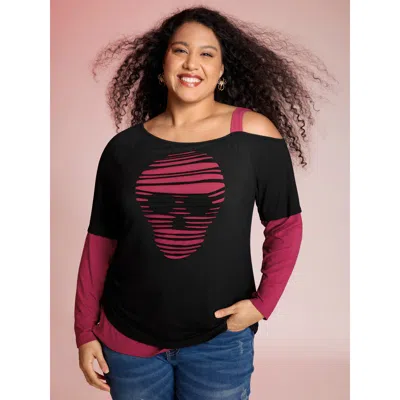 Bloomchic Women's Plus Size 2-in-1 Supersoft Spooky Skull Print T-shirt Burgundy Synthetic Texture Casual Slee