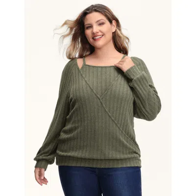 Bloomchic Women's Plus Size 2-in-1 Textured Shoulder Straps Sweatshirt Armygreen Casual 22-24/3x