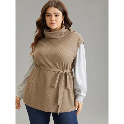 Bloomchic Women's Plus Size 2-in-1 Turtleneck Texture Patchwork Belted Sweatshirt Lightbrown Plain Dailywear 1 In Brown