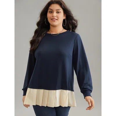 Bloomchic Women's Plus Size 2-in-1 Two Tone Pleated Hem Sweatshirt Navy Plain Dailywear 10/m In Blue