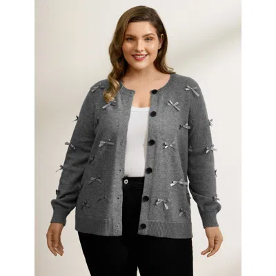 Bloomchic Women's Plus Size 3d Bowknot Round Neck Knit Cardigan Darkgray Long Sleeve 22-24/3x In Gray