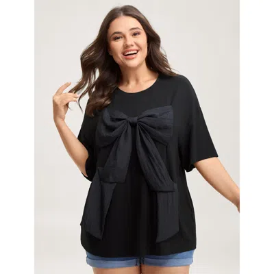 Bloomchic Women's Plus Size 3d Bow-tie Front Supersoft T-shirt Black Non Casual Short Sleeve 10/m