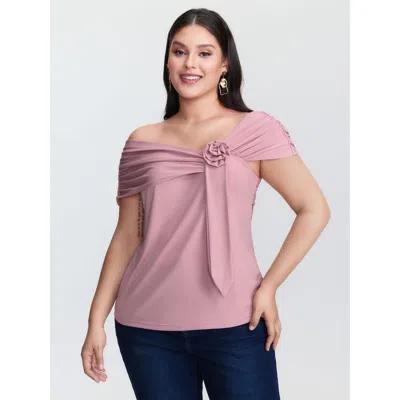 Bloomchic Women's Plus Size 3d Floral Detail Asymmetrical Neckline T-shirt Beanpastepowder Short Sleeve Elegan