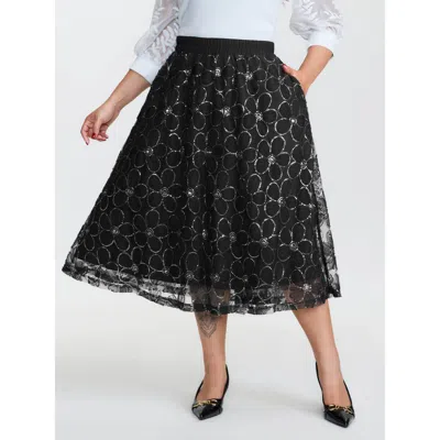 Bloomchic Women's Plus Size 3d Floral Mesh Stretchy Waist Maxi Skirt Black Texture Wide Leg Elegant 10/m