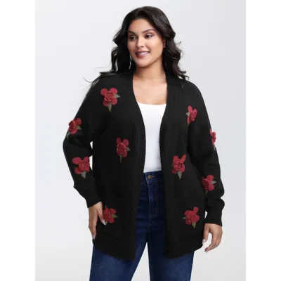 Bloomchic Women's Plus Size 3d Floral Pattern Pockets Knit Cardigan Black Long Sleeve 12/l