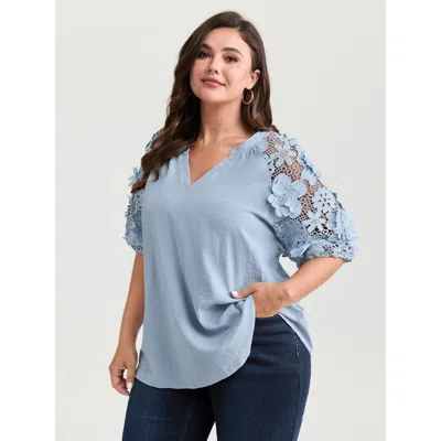 Bloomchic Women's Plus Size 3d Floral Sleeve Spliced Flowy Blouse Lightblue Synthetic Texture Elegant Half Sle In Blue