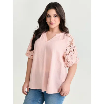 Bloomchic Women's Plus Size 3d Floral Sleeve Spliced Flowy Blouse Nudepink Synthetic Texture Elegant Half Slee