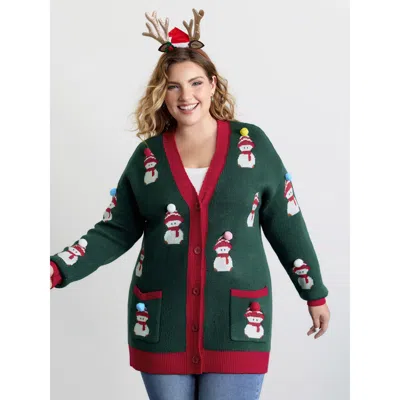 Bloomchic Women's Plus Size 3d Snowman Jacquard Placket Knit Cardigan Darkgreen Long Sleeve 12/l In Green