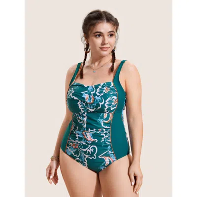 Bloomchic Women's Plus Size Abstract Floral Patchwork Twist One Piece Swimsuit Cyan Marine Elements Twist Adap In Blue