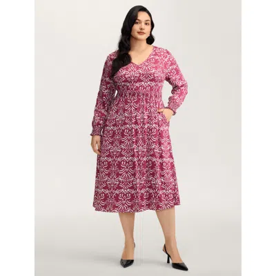 Bloomchic Women's Plus Size Abstract Pattern Shirred Waist Midi Dress Plum Bohemian Print Midi Elegant 22-24/3 In Purple