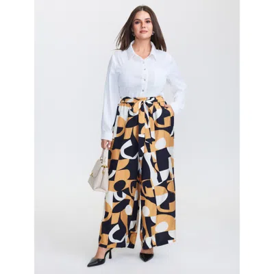 Bloomchic Women's Plus Size Abstract Print Belted Wide-leg Pants Multicolor Geometric Wide Leg Mid Rise Office