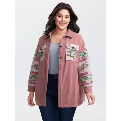 Bloomchic Women's Plus Size Abstract Print Color Contrast Button-down Jacket Beanpastepowder Texture T-line 14