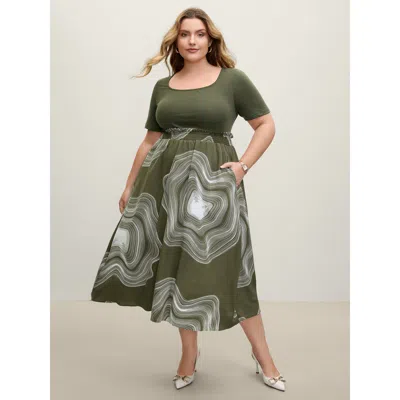Bloomchic Women's Plus Size Abstract Print Contrast Shirred Waist Midi Dress Armygreen Geometric Midi Office C