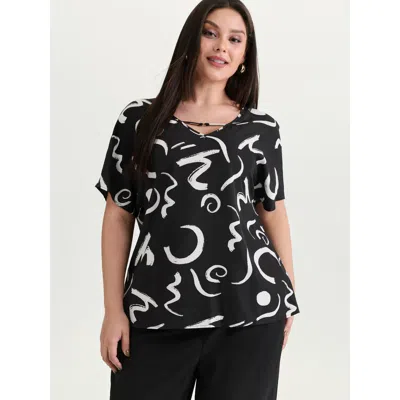 Bloomchic Women's Plus Size Abstract Print Cut-out Neckline Blouse Pureblack Abstract Office Short Sleeve V-ne