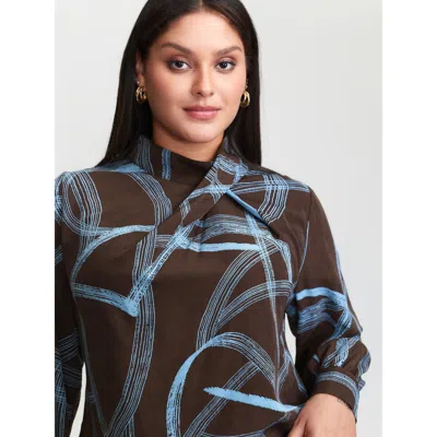Bloomchic Women's Plus Size Abstract Print Drape Neckline Blouse Darkbrown Stripes Office Long Sleeve 10/m In Brown