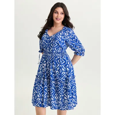 Bloomchic Women's Plus Size Abstract Print Drawstring Neckline Shirred Mini Dress Mediumblue Geometric Knee Le