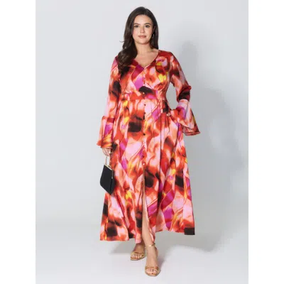 Bloomchic Women's Plus Size Abstract Print Flared Sleeve Maxi Dress Multicolor Gradient Dyeing Maxi Party 12/l