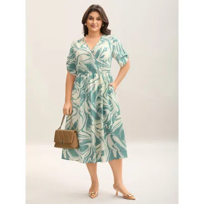 Bloomchic Women's Plus Size Abstract Print Gathered Sleeve Midi Dress Mint Geometric Midi Office 30/6x In Green