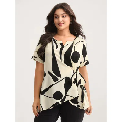 Bloomchic Women's Plus Size Abstract Print Knotted Blouse Beige Art Print Office Short Sleeve V-notch Neck 12/ In Sand