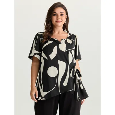 Bloomchic Women's Plus Size Abstract Print Knotted Blouse Black Art Print Office Short Sleeve V-notch Neck 14-