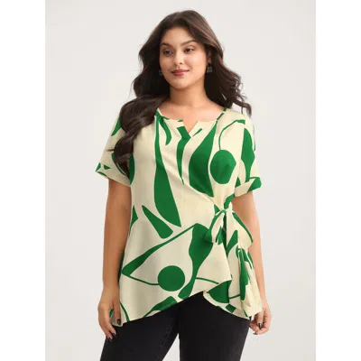 Bloomchic Women's Plus Size Abstract Print Knotted Blouse Truegreen Art Print Office Short Sleeve V-notch Neck