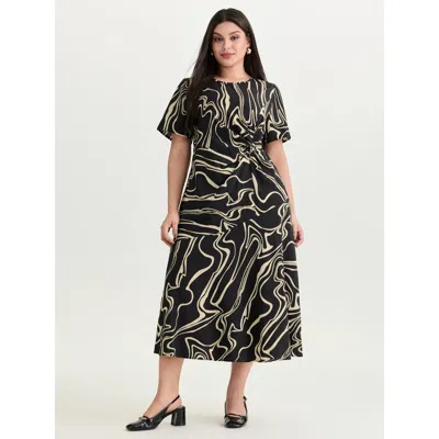 Bloomchic Women's Plus Size Abstract Print Knotted Side Midi Dress Blackflower Ripple Midi Office Twist 10/m