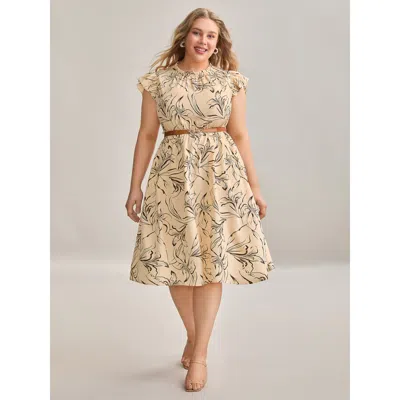 Bloomchic Women's Plus Size Abstract Print Mock Neck Midi Dress Apricot Floral Midi Elegant Ruffles 30/6x In Orange