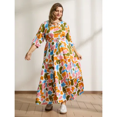 Bloomchic Women's Plus Size Abstract Print Neck-tie Pockets Maxi Dress Multicolor Geometric Maxi Casual 10/m