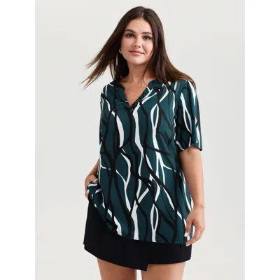 Bloomchic Women's Plus Size Abstract Print Notched Collar Blouse Aegean Non Office Short Sleeve 10/m In Blue