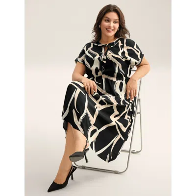 Bloomchic Women's Plus Size Abstract Print Ribbon Collar Midi Dress Black Else Midi Office Smocked 30/6x