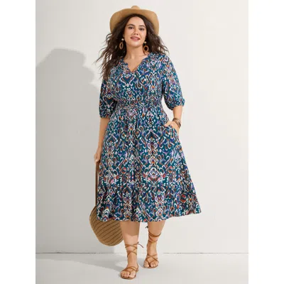 Bloomchic Women's Plus Size Abstract Print Shirred Waist Midi Dress Aegean Batik Print/jacquard Matrix Midi Va In Blue