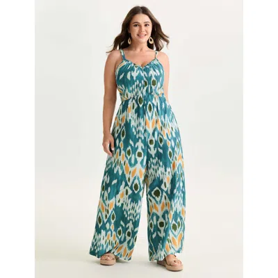 Bloomchic Women's Plus Size Abstract Print Spaghetti Strap Wide Leg Jumpsuit Multicolor Vacation Fitted 12/l