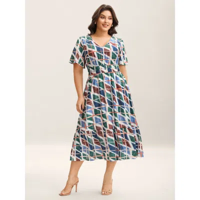 Bloomchic Women's Plus Size Abstract Print Stretchy Waist Midi Dress Multicolor Geometric Midi Elegant 28/5x
