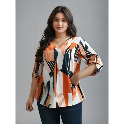 Bloomchic Women's Plus Size Abstract Print Tab Sleeve Blouse Multicolor Abstract Office 3/4 Sleeve V-neck 14-1