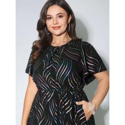 Bloomchic Women's Plus Size Abstract Print Twisted Neckline Midi Dress Blackflower Foil Print Midi Party Asymm