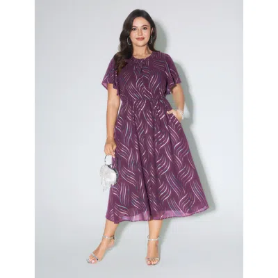 Bloomchic Women's Plus Size Abstract Print Twisted Neckline Midi Dress Deeppurple Foil Print Midi Party Asymme