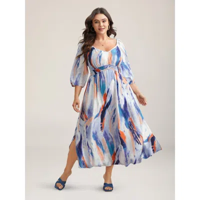 Bloomchic Women's Plus Size Abstract Print Waist-cinched Split Hem Maxi Dress Multicolor Geometric Maxi Elegan