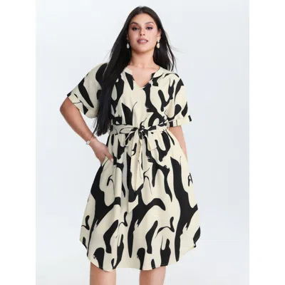 Bloomchic Women's Plus Size Abstract Print Waist-tie Midi Dress Apricot Geometric Midi Office Belted 28/5x In Orange